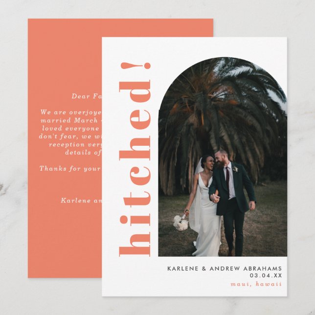 Hitched Arch Photo Coral Bröllop Elopement Meddelande (Fram/baksida)