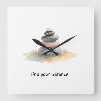 Hitta din balans Vattenfärg Zen Pebble Stack Fyrkantig Klocka