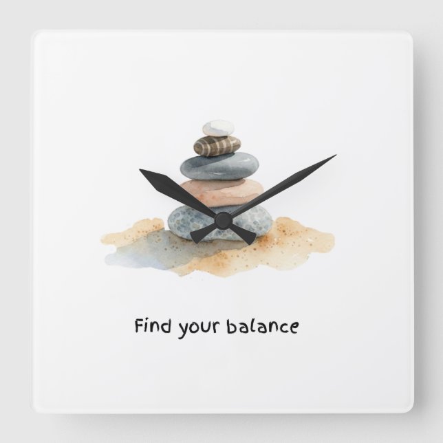 Hitta din balans Vattenfärg Zen Pebble Stack Fyrkantig Klocka (Framsida)