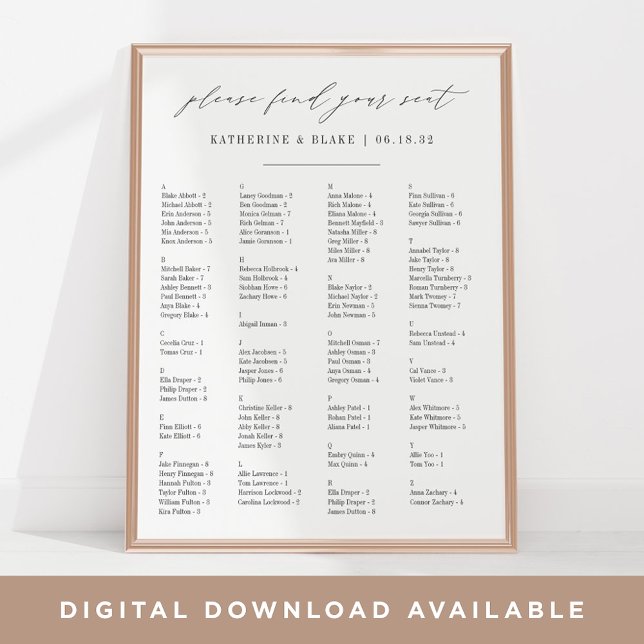 Hitta ditt säte | Ordningsschema för alfabetiskt l Poster (Skapare uppladdad)