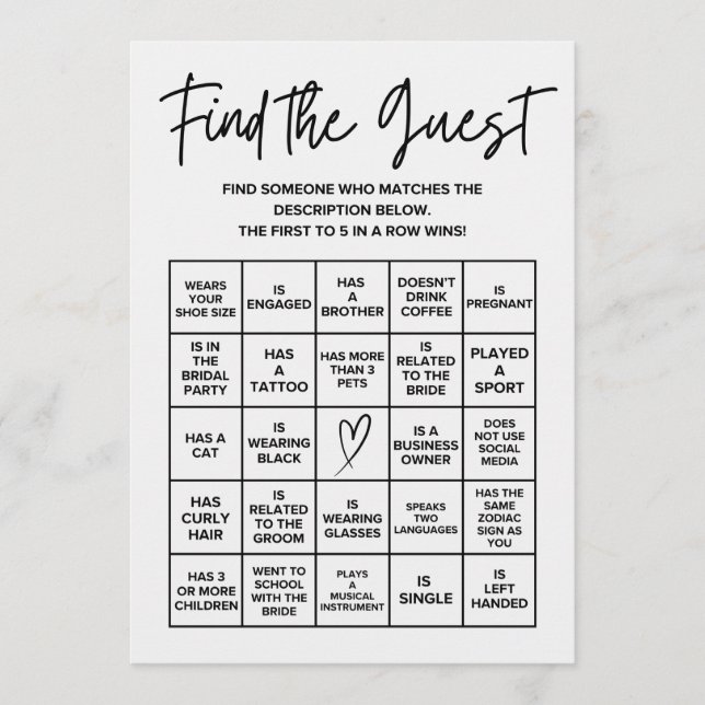 Hitta Gäst Bröllopsdusch Bingo Kortspel Rådkort (Framsida)