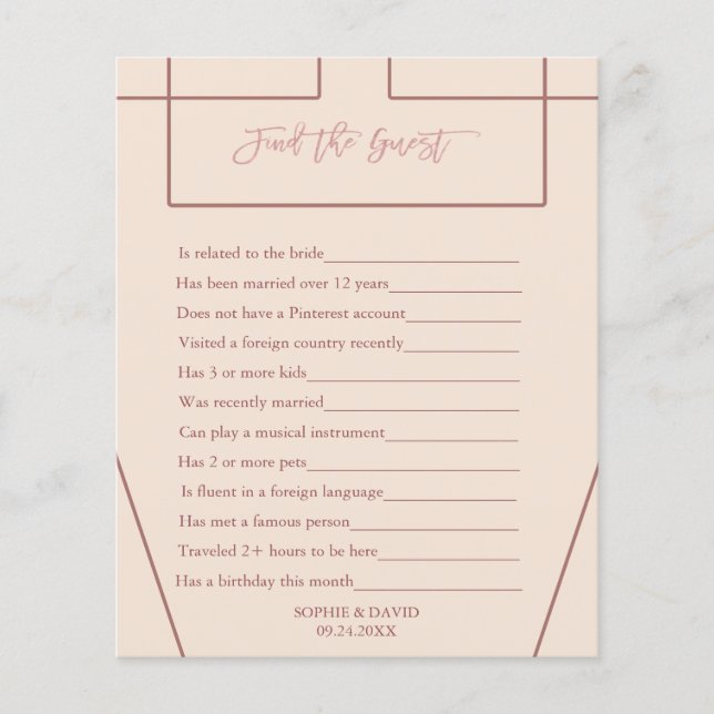 Hitta Gäst jag Spy Ivory Peach Bröllop Game Flygblad (Framsidan)