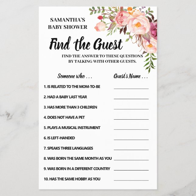 Hitta gästbabyduschen, tvåspråkigt spelkort flygblad (Framsidan)