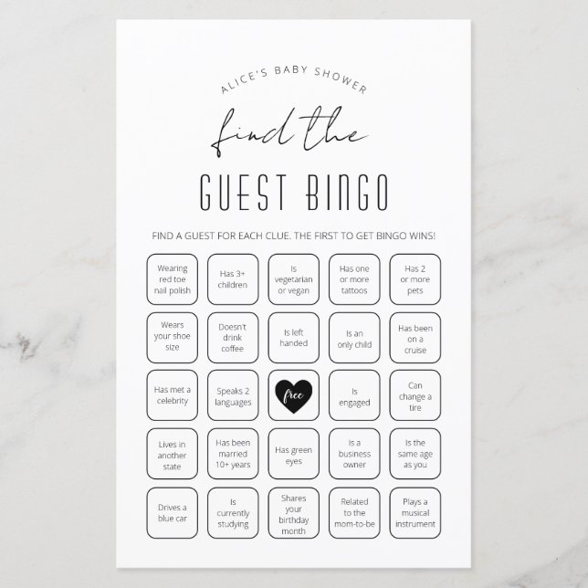 Hitta gästbingo Baby Shower-spel (Framsida)