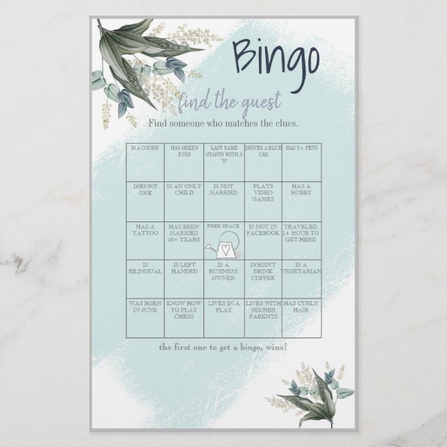 Hitta Gästbingo Bröllopsdusch Spelkort Flyer (Framsidan)