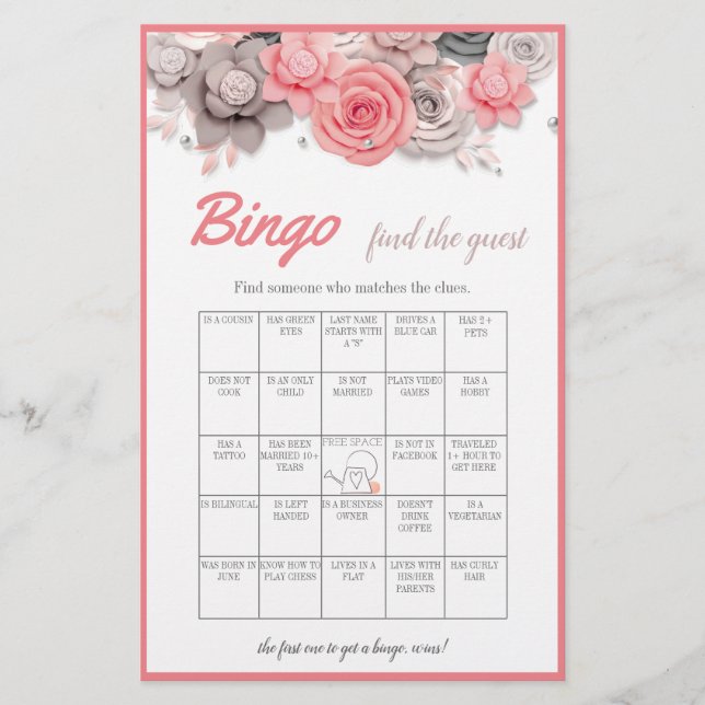 Hitta Gästbingo Bröllopsdusch Spelkort Flygblad (Framsidan)