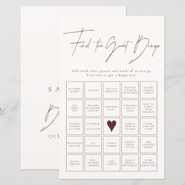 Hitta Gästbingo Burgunder Bröllopsfestspel (Fram/baksida)