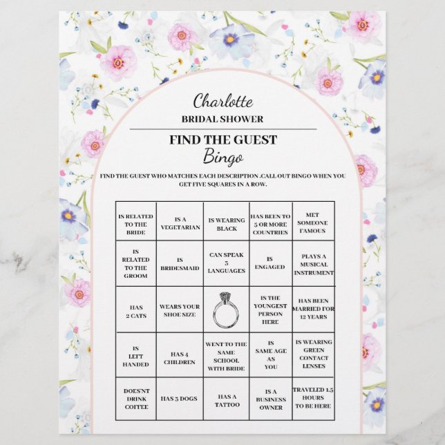Hitta Gästens Bröllopsduschbingo Blommig Reklamblad (Framsidan)