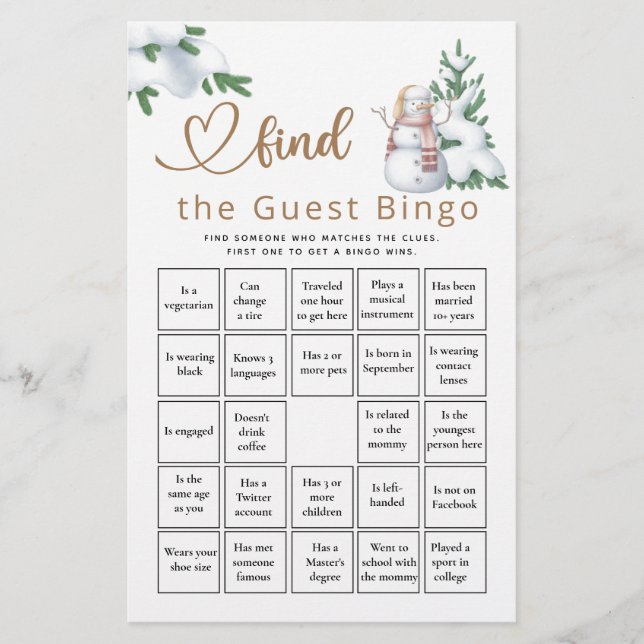 Hitta matchen Gäst Bingo Winter Baby Shower (Framsida)