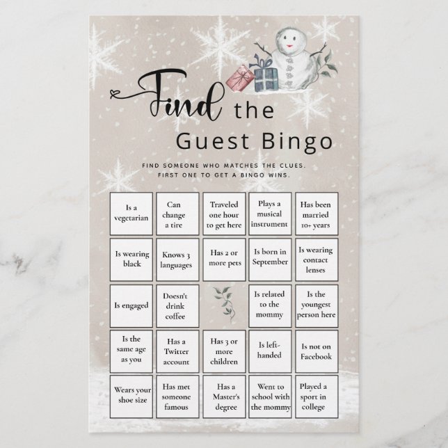 Hitta matchen Gäst Bingo Winter Baby Shower (Framsida)