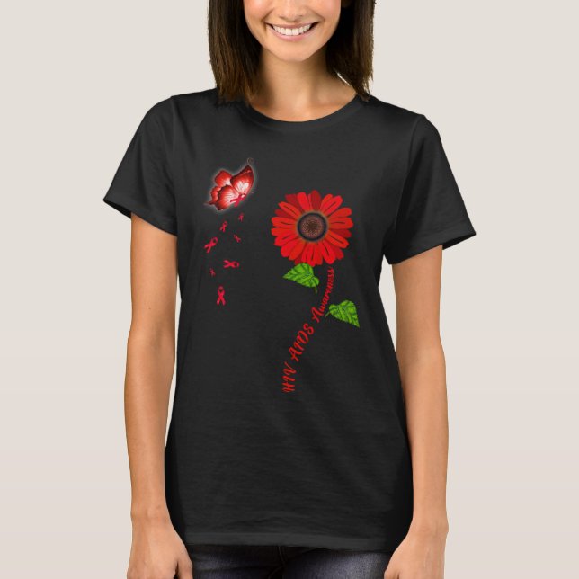 HIV Aids Awareness Red Butterfly Sunflower Ribbon T Shirt (Framsida)