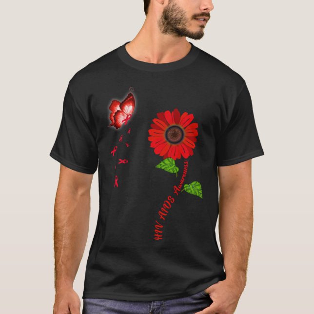 HIV Aids Awareness Red Butterfly Sunflower Ribbon T Shirt (Framsida)