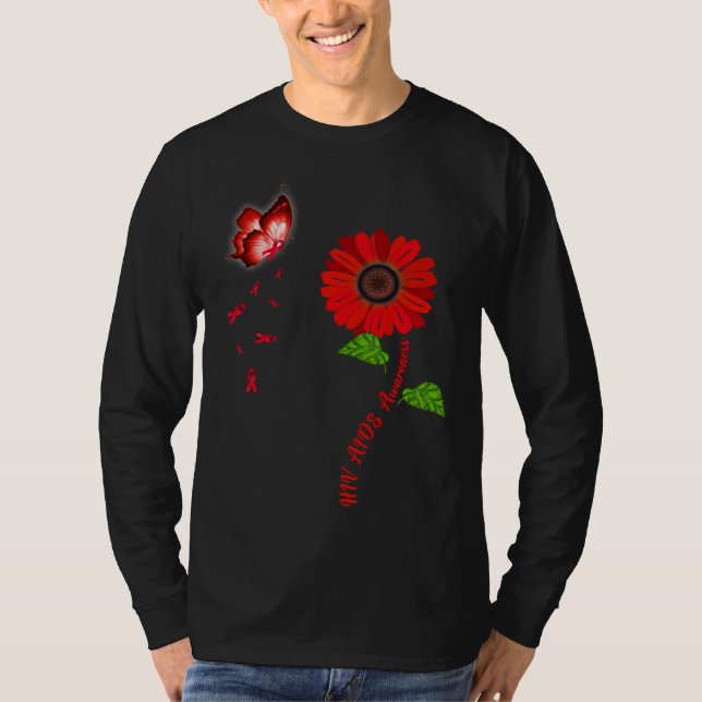 HIV Aids Awareness Red Butterfly Sunflower Ribbon T Shirt (Framsida)