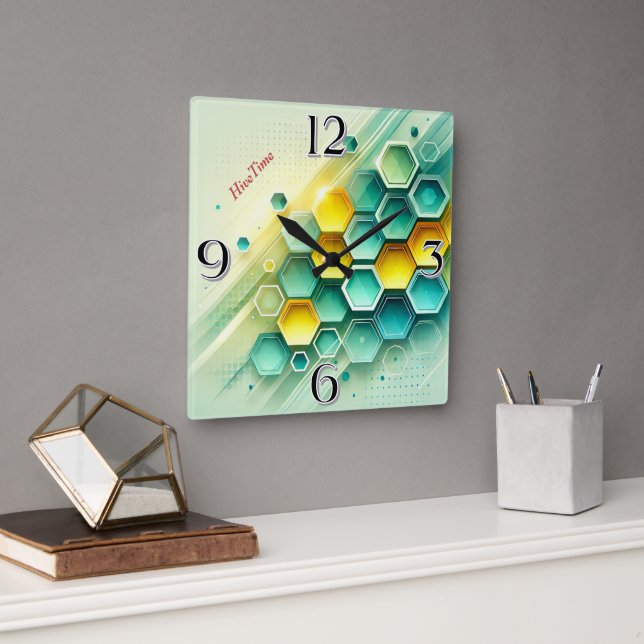 HiveTime Customizable Hexagon Design |  Wall Clock Fyrkantig Klocka (Kontor)
