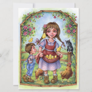 Hjälp Händer Farm Kids Garden Cat Chicks Art Card