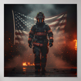 Hjältelig brandman med amerikansk flagga patriotis poster