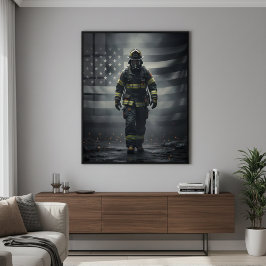 Hjältelig brandman som går genom rökmotiv poster