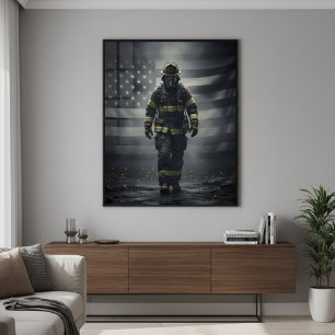Hjältelig brandman som går genom rökmotiv poster