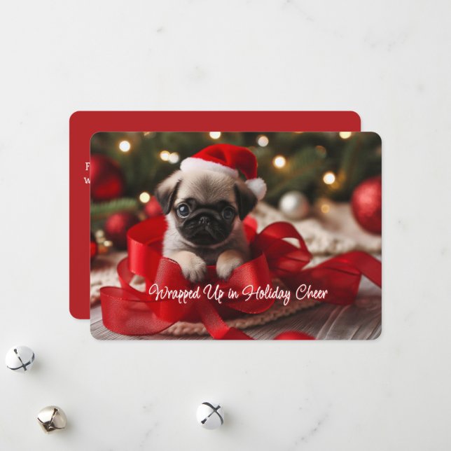 Hjälterikt julkort med pug-valp (Fram/Back In Situ)