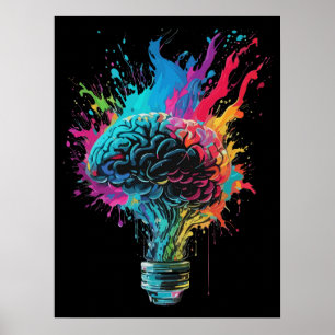 Hjärndesign med färgstark bulbexplosion poster
