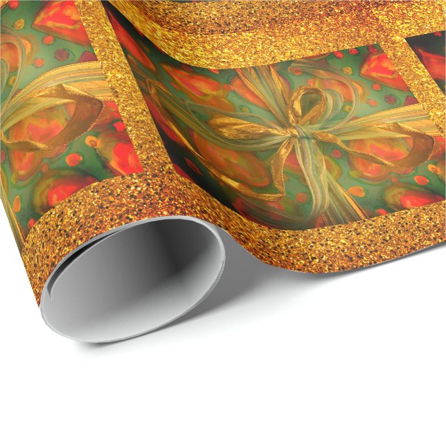 Hjärt- och bålrött och grönt glitter utseende presentpapper (Rullad Hörn)