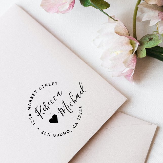 Hjärt- och Elegant-rund text Bröllop-Returadress Stämpel (Skapare uppladdad)