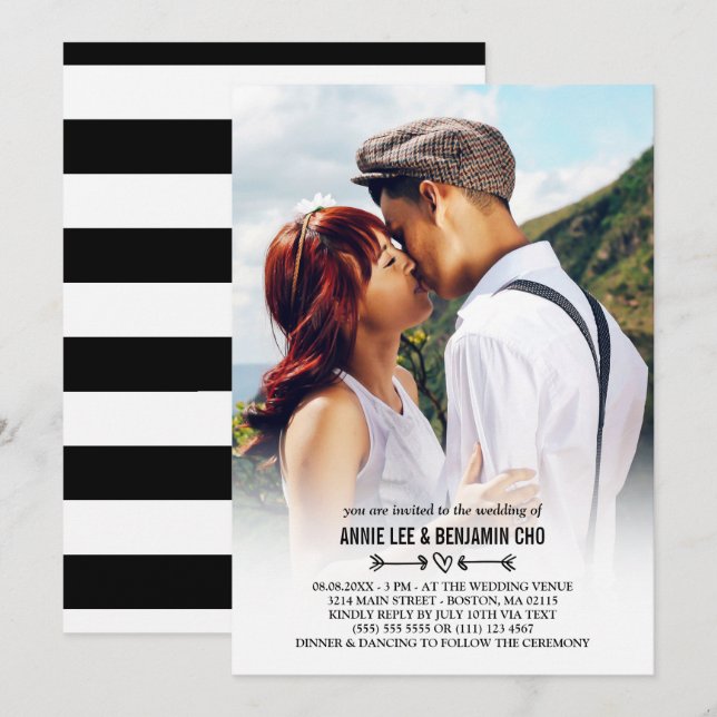 Hjärt- och pilfotfoto Bröllop Inbjudningar (Fram/baksida)