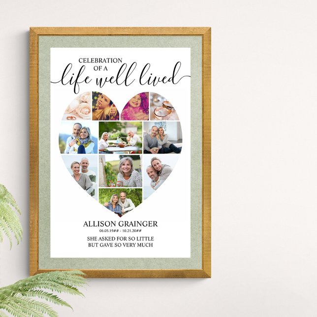 Hjärta 11 Photo Collage Life well Lived Funeral Poster (Funeral memorial poster to order professionally printed or as a printable digital download)