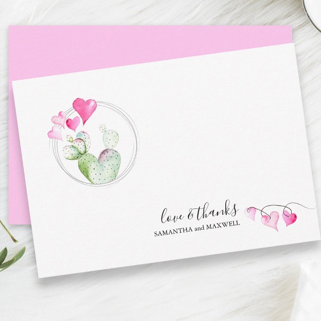 Hjärta Alla hjärtans dag Tack-kort Kaktus Anteckningskort (Flat thank you cards watercolor Valentines art by Victoria Grigaliunas of Do Tell A Belle)