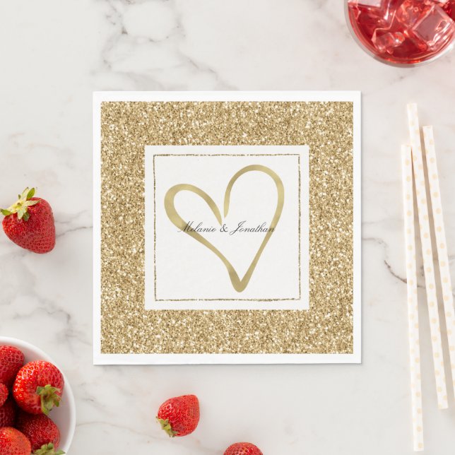 Hjärta av guld Glitzy Glitter Personlig Bröllop Pappersservett (Insitu)