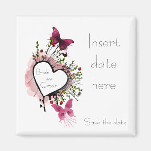 Hjärta, blommor och fjärilar sparar datera magnet