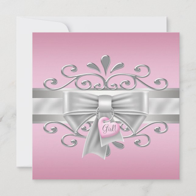 Hjärta charm rosa silver babyflicka shower inbjudningar (Framsida)