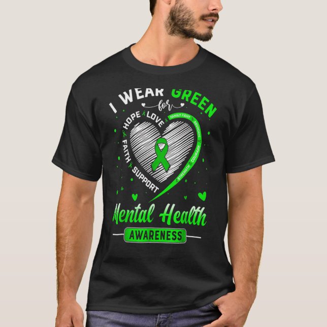 Hjärta I Bära Grönt för psykisk ohälsa Mon T Shirt (Framsida)