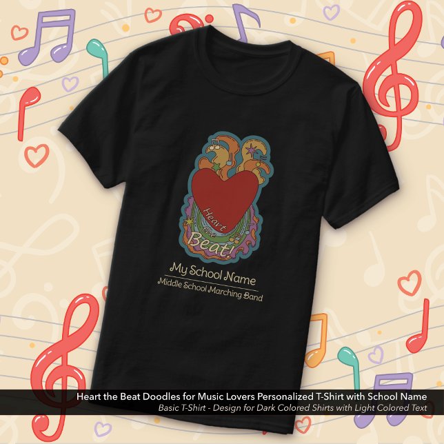 Hjärta i Beat Doodles Music Älskare School Namn T Shirt (Heart the Beat Doodles Music Lovers T-Shirt Personalized with School with Your Name)