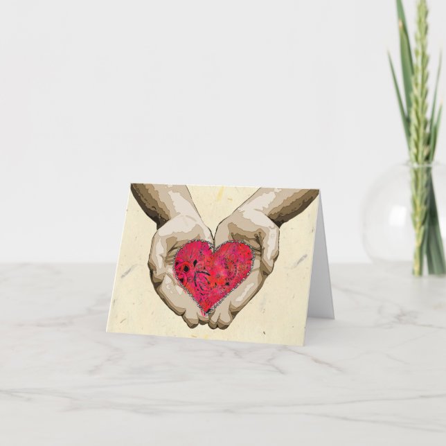 Hjärta i händervalentinkärlek helgkort (Framsida)
