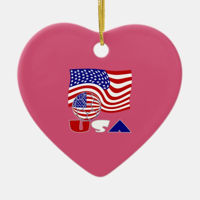 Hjärta i USA flagga, fotbojor, djuprött ryggmärg Julgransprydnad Keramik (Framsidan)