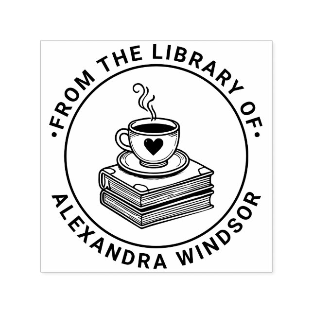 Hjärta kaffekopp på bokstapel Biblioteksboknamn Självfärgande Stämpel (Design)