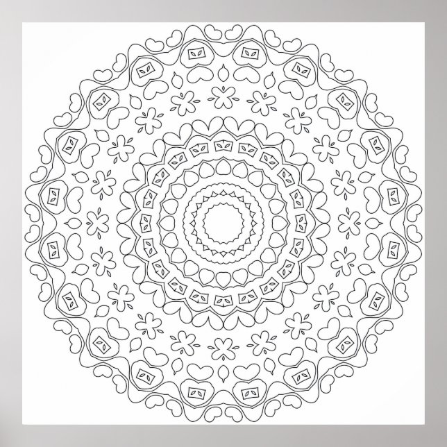 Hjärta Mandala Målarbild med Blommönster Poster (Framsidan)