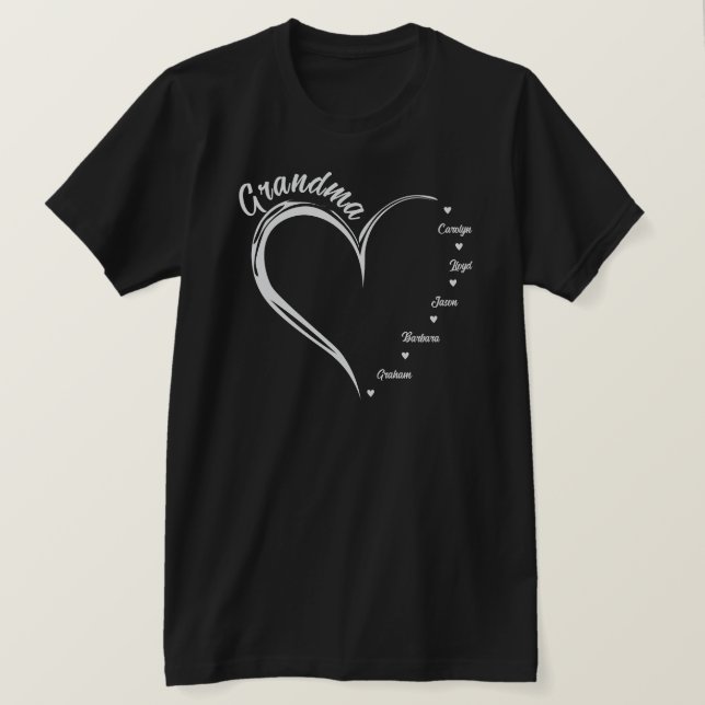 Hjärta med 5 Personliger namn, mormor Hjärta T Shirt (Design framsida)