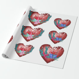 Hjärta med blå och röda blommor och grönt grenar presentpapper