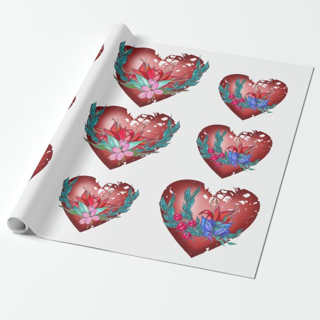 Hjärta med blå och röda blommor och grönt grenar presentpapper (Utrullad)