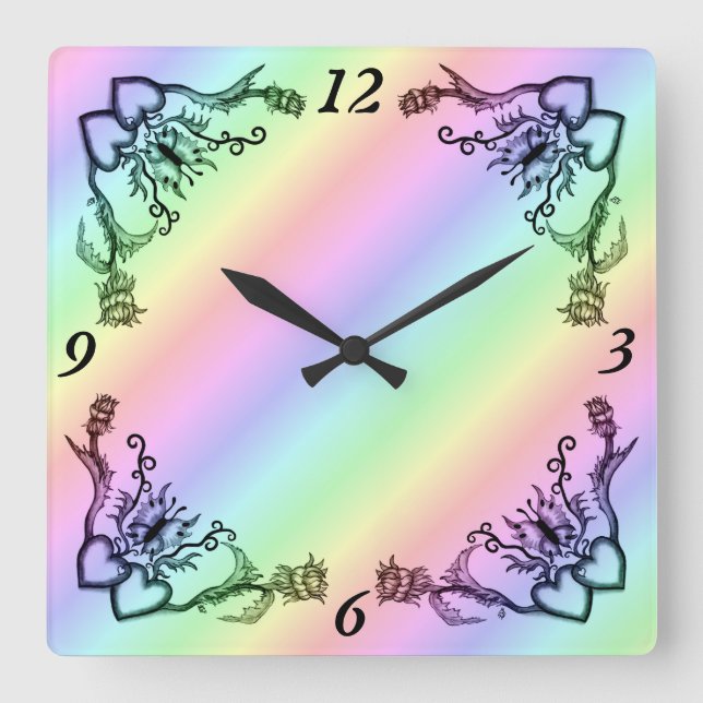 Hjärta med blomma och fjäril fyrkantig klocka (Framsida)