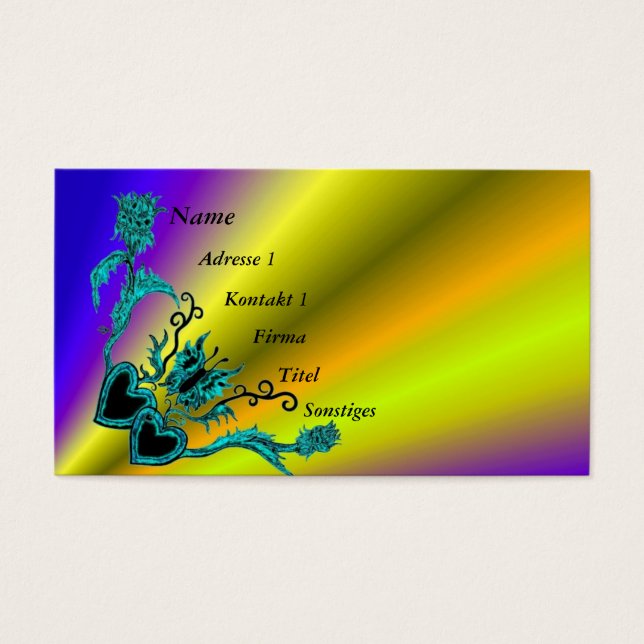 Hjärta med blomma och fjäril på regnbåge visitkort (Framsidan)