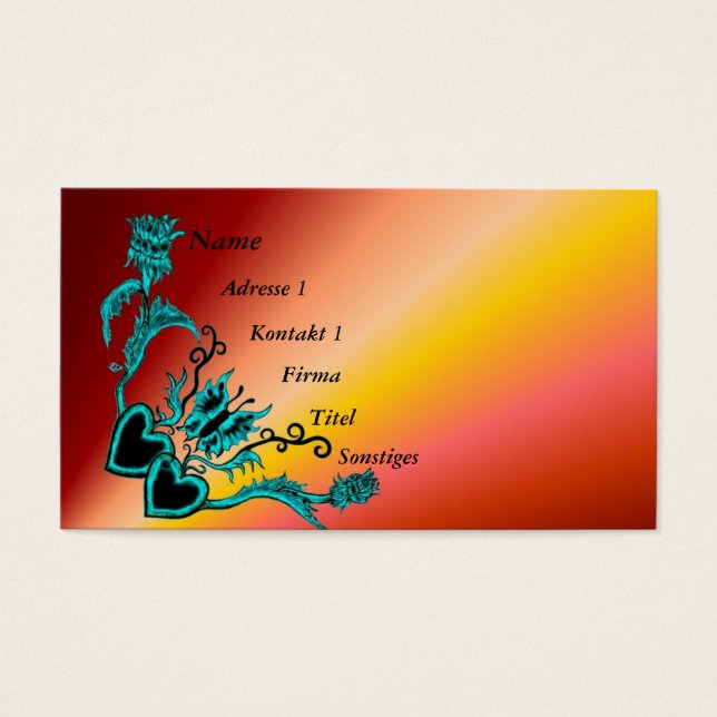 Hjärta med blomma och fjäril på regnbåge visitkort (Framsidan)