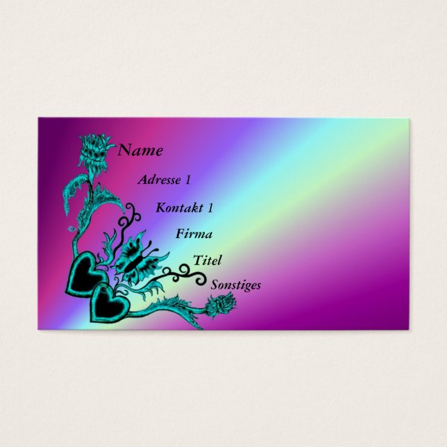 Hjärta med blomma och fjäril på regnbåge visitkort (Framsidan)