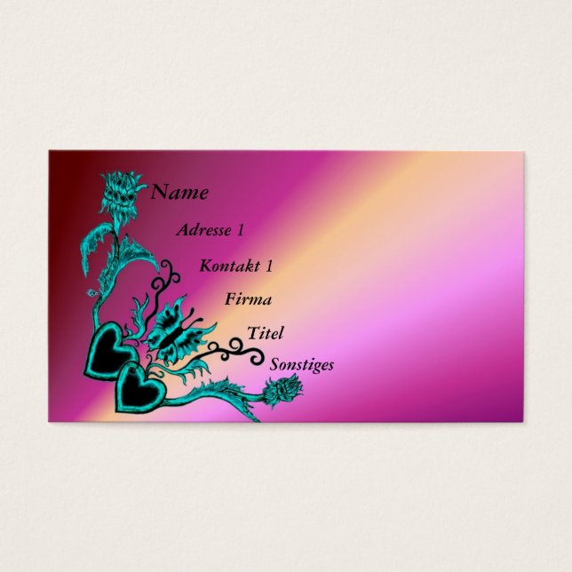 Hjärta med blomma och fjäril på regnbåge visitkort (Framsidan)