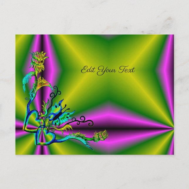 Hjärta med blomma och fjäril på regnbåge vykort (Framsida)