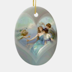 Hjärta med cupiden och damer julgransprydnad keramik