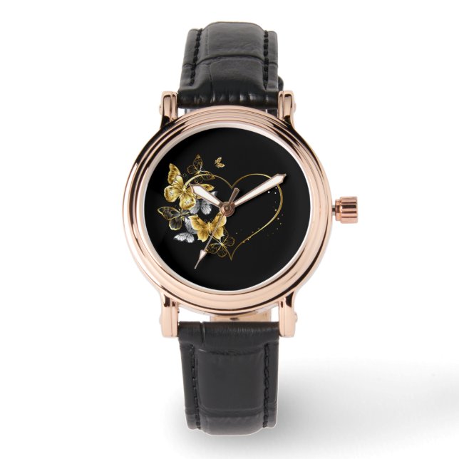 Hjärta med Golden Butterflies Armbandsur (Framsida)