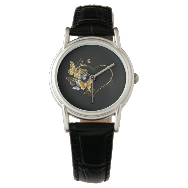 Hjärta med Golden Butterflies Armbandsur (Framsida)